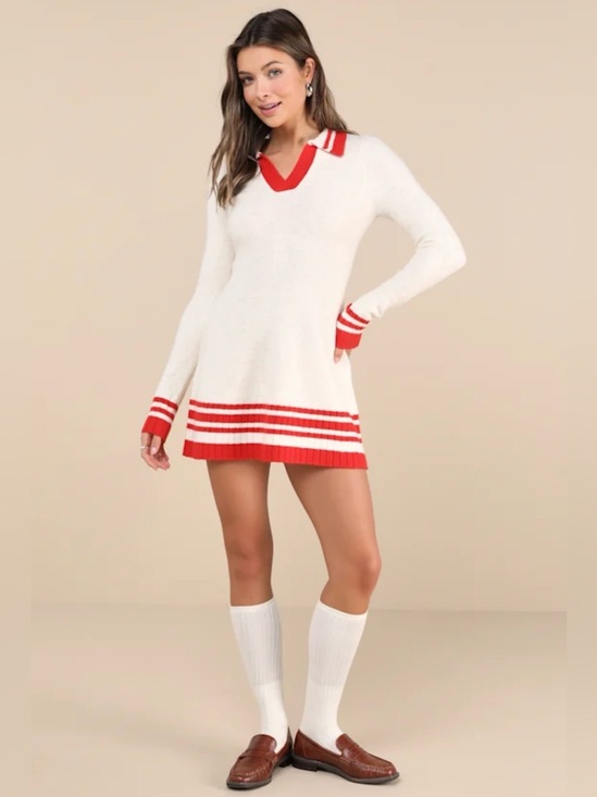 Lulus Dresses & Skirts - Lulus White and Red V-Neck Polo Knit Preppy Sweater Dress